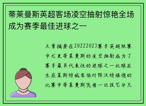 蒂莱曼斯英超客场凌空抽射惊艳全场成为赛季最佳进球之一